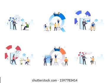 Set of team consulting support center. Flat vector illustrations of consultants giving advices. Business, coaching, internet support concept for banner, website design or landing web page
