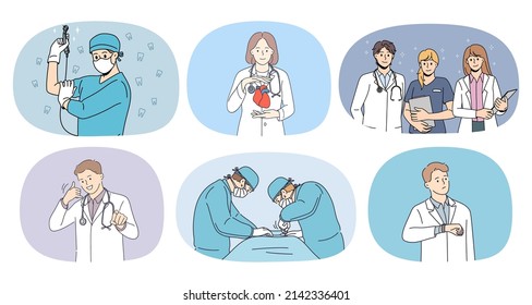 Set of team of diverse doctors help patients in hospital. Collection of medical workers or nurses give aid or assistance to people in clinic. Medicine and healthcare. Vector illustration.