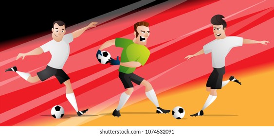 The set of team Germany football or soccer players kicking the ball. Isolated from background. Drawn in a cartoon style.