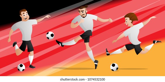 The set of team Germany football or soccer players kicking the ball. Isolated from background. Drawn in a cartoon style.