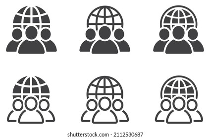 Set of team globe icons. Global team symbol. Earth with people signs. Vector illustration.