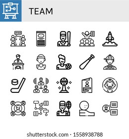 Set of team icons. Such as Strategy, Meeting, Sticks, Baseball, Startup, Eyewitness, Basketball player, Football player, Baseball bat, Manager, Hockey, Group, Basketball , team icons