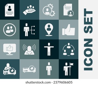 Set Team leader, Project team base, Hand like, Head hunting, User of man business suit, Resume and Worker location icon. Vector
