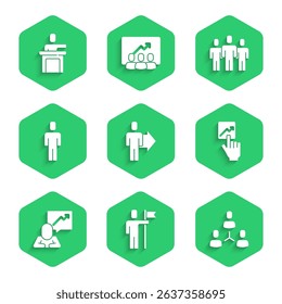 Set Team leader, Project team base, Head hunting, Users group and Speaker icon. Vector