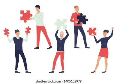 Set of team members. Men and woman holding puzzle pieces. Teamwork concept. Vector illustration can be used for topics like solution, collaboration, working together