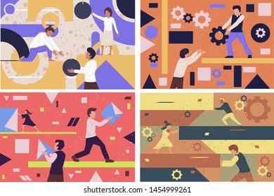 Set of team organizing abstract geometric shapes scattered around them with gear. Bundle of young men collecting geometric figures. Concept of teamwork. Flat vector illustration in contemporary style.