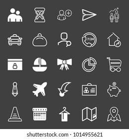 set of team, sand clock, add user, chat, career growth, taxi, bag, search, call center, cart, plane, tie, badge, calendar, stairs, cloth hanger, point, bow, boat, locked website vector icon