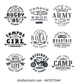Set of team sports, motorcycling, camping  and military emblems. Graphic design for t-shirt. Isolated on white background