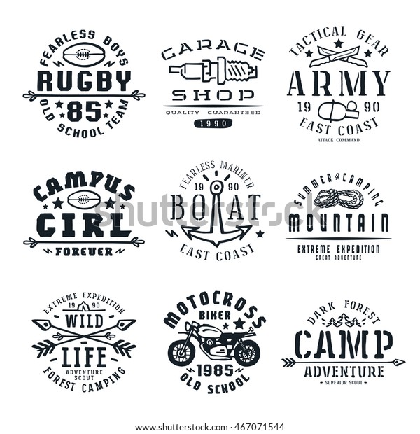 Set of team sports, motorcycling, camping  and\
military emblems. Graphic design for t-shirt. Isolated on white\
background
