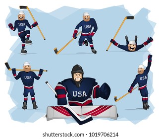 A set of team USA ice hockey players in different poses. Isolated from background. Drawn in cartoon style 