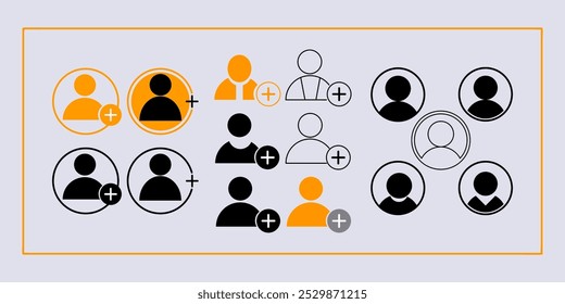 Set von Teamarbeit, Hinzufügen, Kommunikationssymbol, Zeichen, Symbolumriss Stil für Management-Geschäft, Vektorgrafik-Design.