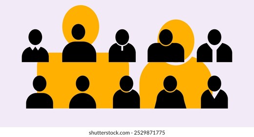 Conjunto de trabalho em equipe, adicionar, ícone de comunicação, sinal, estilo de esboço de símbolo para o projeto de ilustração de vetor de negócios de gerenciamento.