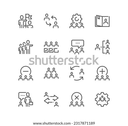 Set of team work related icons, team setup, structure, performance, friendship, participation and linear variety vectors.