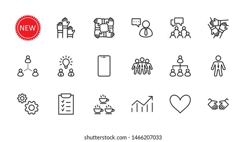 Set of Team Work Related Vector Line Icons. Contains such Icons as Handshake, Check, Idea, Coffee, Gears, Cooperation, Collaboration, Team Meeting and more. Editable Stroke. 32x32 Pixel Perfect