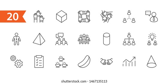 Set of Team Work Related Vector Line Icons. Contains such Icons as Handshake, Check, Idea, Coffee, Gears, Cooperation, Collaboration, Team Meeting and more. Editable Stroke. 32x32 Pixel Perfect