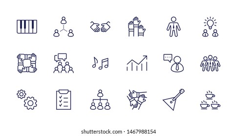 Set of Team Work Related Vector Line Icons. Contains such Icons as Handshake, Check, Idea, Coffee, Gears, Cooperation, Collaboration, Team Meeting and more. Editable Stroke. 32x32 Pixel Perfect