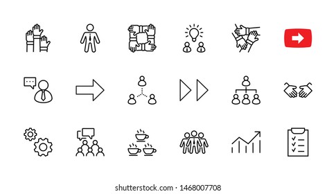 Set of Team Work Related Vector Line Icons. Contains such Icons as Handshake, Check, Idea, Coffee, Gears, Cooperation, Collaboration, Team Meeting and more. Editable Stroke. 32x32 Pixel Perfect