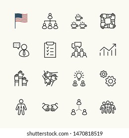 Set of Team Work Related Vector Line Icons. Contains such Icons as Handshake, Check, Idea, Coffee, Gears, Cooperation, Collaboration, Team Meeting and more. Editable Stroke. 32x32 Pixel Perfect