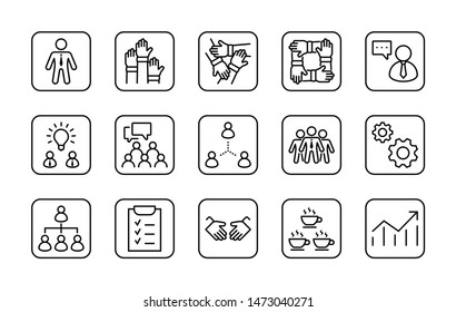 Set of Team Work Related Vector Line Icons. Contains such Icons as Handshake, Check, Idea, Coffee, Gears, Cooperation, Collaboration, Team Meeting and more. Editable Stroke. 32x32 Pixel Perfect