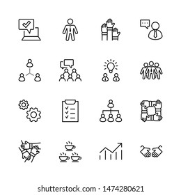 Set of Team Work Related Vector Line Icons. Contains such Icons as Handshake, Check, Idea, Coffee, Gears, Cooperation, Collaboration, Team Meeting and more. Editable Stroke. 32x32 Pixel Perfect