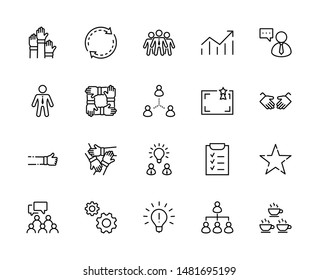 Set of Team Work Related Vector Line Icons. Contains such Icons as Handshake, Check, Idea, Coffee, Gears, Cooperation, Collaboration, Team Meeting and more. Editable Stroke. 32x32 Pixel Perfect