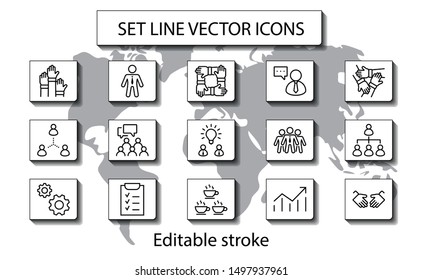 Set of Team Work Related Vector Line Icons. Contains such Icons as Handshake, Check, Idea, Coffee, Gears, Cooperation, Collaboration, Team Meeting and more. Editable Stroke. 32x32 Pixel Perfect