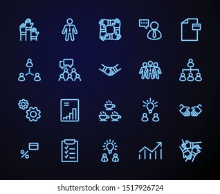 Set of Team Work Related Vector Line Icons. Contains such Icons as Handshake, Check, Idea, Coffee, Gears, Cooperation, Collaboration, Team Meeting and more. Editable Stroke. 32x32 Pixel Perfect