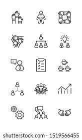 Set of Team Work Related Vector Line Icons. Contains such Icons as Handshake, Check, Idea, Coffee, Gears, Cooperation, Collaboration, Team Meeting and more. Editable Stroke. 32x32 Pixel Perfect
