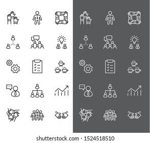 Set of Team Work Related Vector Line Icons. Contains such Icons as Handshake, Check, Idea, Coffee, Gears, Cooperation, Collaboration, Team Meeting and more. Editable Stroke. 32x32 Pixel Perfect