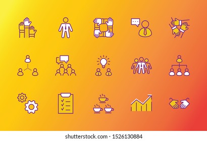 Set of Team Work Related Vector Line Icons. Contains such Icons as Handshake, Check, Idea, Coffee, Gears, Cooperation, Collaboration, Team Meeting and more. Editable Stroke. 32x32 Pixel Perfect