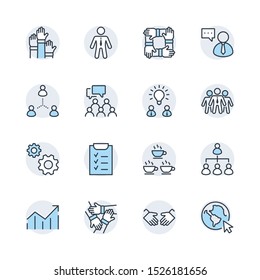Set of Team Work Related Vector Line Icons. Contains such Icons as Handshake, Check, Idea, Coffee, Gears, Cooperation, Collaboration, Team Meeting and more. Editable Stroke. 32x32 Pixel Perfect