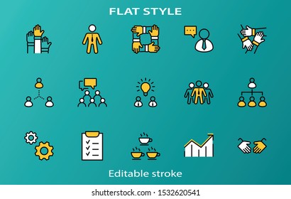 Set of Team Work Related Vector Line Icons. Contains such Icons as Handshake, Check, Idea, Coffee, Gears, Cooperation, Collaboration, Team Meeting and more. Editable Stroke. 32x32 Pixel Perfect