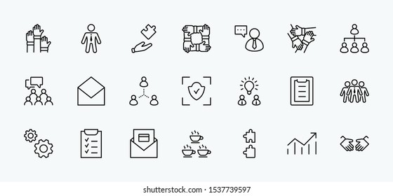 Set of Team Work Related Vector Line Icons. Contains such Icons as Handshake, Check, Idea, Coffee, Gears, Cooperation, Collaboration, Team Meeting and more. Editable Stroke. 32x32 Pixel Perfect