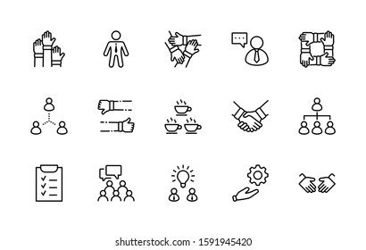 Set of Team Work Related Vector Line Icons. Contains such Icons as Handshake, Check, Idea, Coffee, Gears, Cooperation, Collaboration, Team Meeting and more. Editable Stroke. 32x32 Pixel Perfect