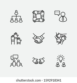 Set of Team Work Related Vector Line Icons. Contains such Icons as Handshake, Check, Idea, Coffee, Gears, Cooperation, Collaboration, Team Meeting and more. Editable Stroke. 32x32 Pixel Perfect