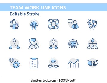 Set of Team Work Related Vector Line Icons. Contains such Icons as Handshake, Check, Idea, Coffee, Gears, Cooperation, Collaboration, Team Meeting and more. Editable Stroke. 32x32 Pixel Perfect