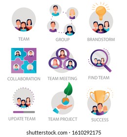 Set of Team Work Related Vector Flat Icons. Contains such Icons as Cooperation, Collaboration, Team Meeting, Team Project and Success