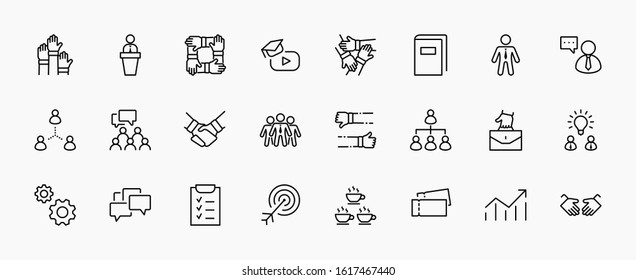 Set of Team Work Related Vector Line Icons. Contains such Icons as Handshake, Check, Idea, Coffee, Gears, Cooperation, Collaboration, Team Meeting and more. Editable Stroke. 32x32 Pixel Perfect