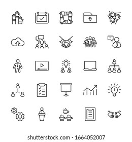 Set of Team Work Related Vector Line Icons. Contains such Icons as Handshake, Check, Idea, Coffee, Gears, Cooperation, Collaboration, Team Meeting and more. Editable Stroke. 32x32 Pixels