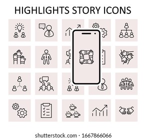 Set of Team Work Related Vector Line Icons. Contains such Icons as Handshake, Check, Idea, Coffee, Gears, Cooperation, Collaboration, Team Meeting and more. Editable Stroke. 32x32 Pixels