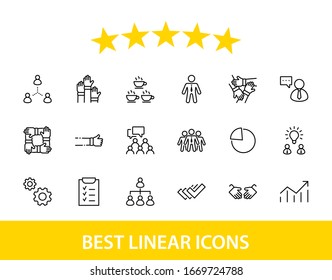 Conjunto de iconos de línea de vectores relacionados con el trabajo en equipo. Contiene iconos como el apretón de manos, cheque, idea, café, engranajes, cooperación, colaboración, reunión de equipo y más. Trazo editable. 32 x 32 píxeles
