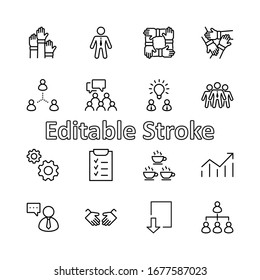 Set of Team Work Related Vector Line Icons. Contains such Icons as Handshake, Check, Idea, Coffee, Gears, Cooperation, Collaboration, Team Meeting and more. Editable Stroke. 32x32 Pixels