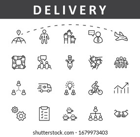 Set of Team Work Related Vector Line Icons. Contains such Icons as Handshake, Check, Idea, Coffee, Gears, Cooperation, Collaboration, Team Meeting and more. Editable Stroke. 32x32 Pixels