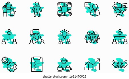 Set of Team Work Related Vector Line Icons. Contains such Icons as Handshake, Check, Idea, Coffee, Gears, Cooperation, Collaboration, Team Meeting and more. Editable Stroke. 32x32 Pixels