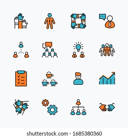 Set of Team Work Related Vector Line Icons. Contains such Icons as Handshake, Check, Idea, Coffee, Gears, Cooperation, Collaboration, Team Meeting and more. Editable Stroke. 32x32 Pixel Perfect