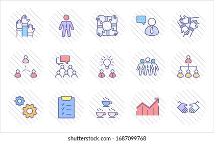 Set of Team Work Related Vector Line Icons. Contains such Icons as Handshake, Check, Idea, Coffee, Gears, Cooperation, Collaboration, Team Meeting and more. Editable Stroke. 32x32 Pixel Perfect