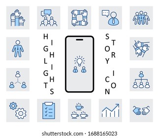 Set of Team Work Related Vector Line Icons. Contains such Icons as Handshake, Check, Idea, Coffee, Gears, Cooperation, Collaboration, Team Meeting and more. Editable Stroke. 32x32 Pixel Perfect