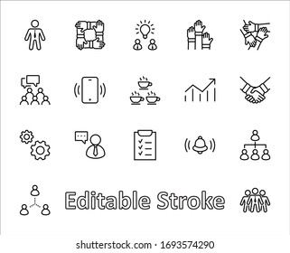Set of Team Work Related Vector Line Icons. Contains such Icons as Handshake, Check, Idea, Coffee, Gears, Cooperation, Collaboration, Team Meeting and more. Editable Stroke. 32x32 Pixels