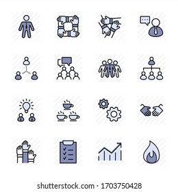 Set of Team Work Related Vector Line Icons. Contains such Icons as Handshake, Check, Idea, Coffee, Gears, Cooperation, Collaboration, Team Meeting and more. Editable Stroke. 32x32 Pixel Perfect