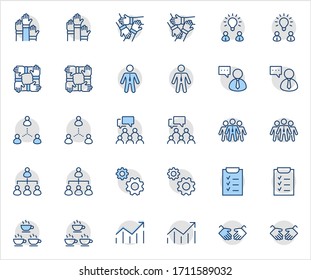 Set of Team Work Related Vector Line Icons. Contains such Icons as Handshake, Check, Idea, Coffee, Gears, Cooperation, Collaboration, Team Meeting and more. Editable Stroke. 32x32 Pixel Perfect